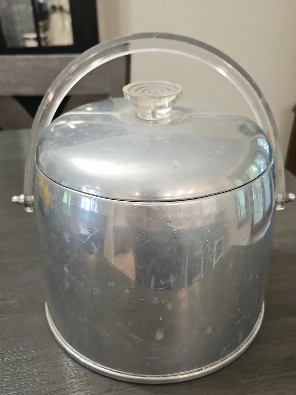 Vintage Kromex 1950s MCM Spun Aluminum Ice Bucket Acrylic Handle Retro Barware